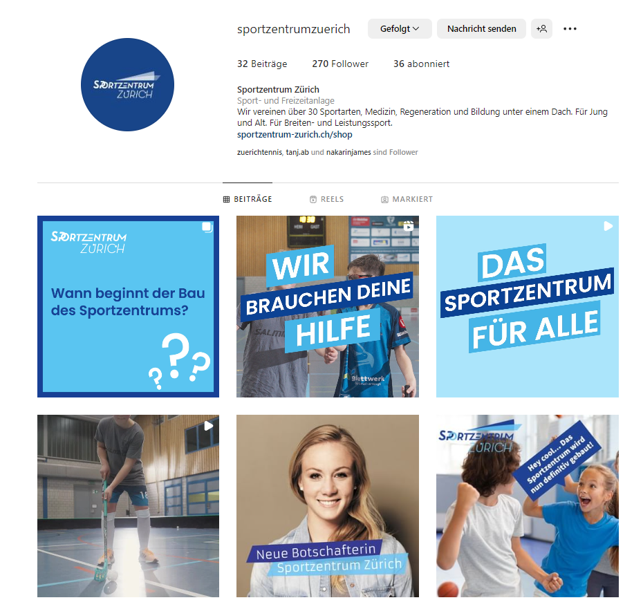 Instagramprofil vom Sportzentrum Zürich, das Wortsatz mit Content betreut